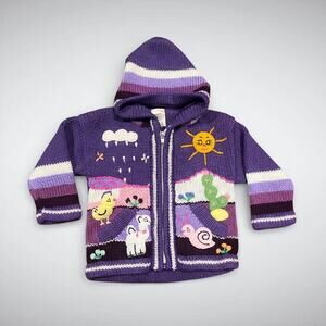 Peruvian Kids Girls Alpaca Wool Hand Knit Cardigan Hooded Sweater Full Zip 12 M